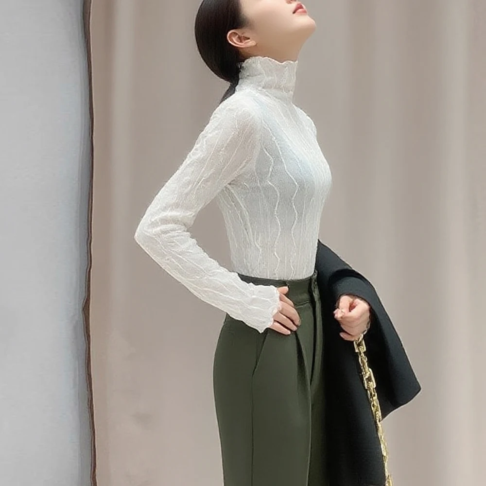 

Folds Chic Jersey T-Shirts Women White Black Turtleneck Tops Autumn Inside Casual Bodycon Tee Female Long Sleeve Streetwear S-XL