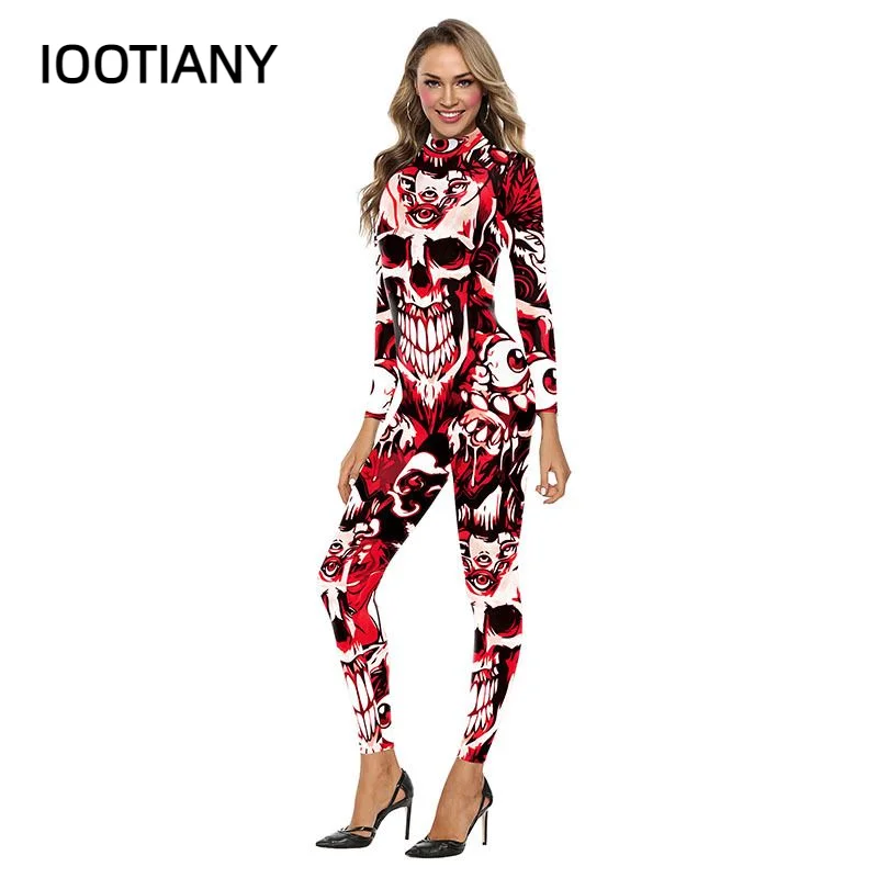 

IOOTIANY 2 Colors Scary Skull 3D Print Sexy Bodysuits Women Long Sleeve Cosplay New Party Tight Hallowmas Jumpsuits