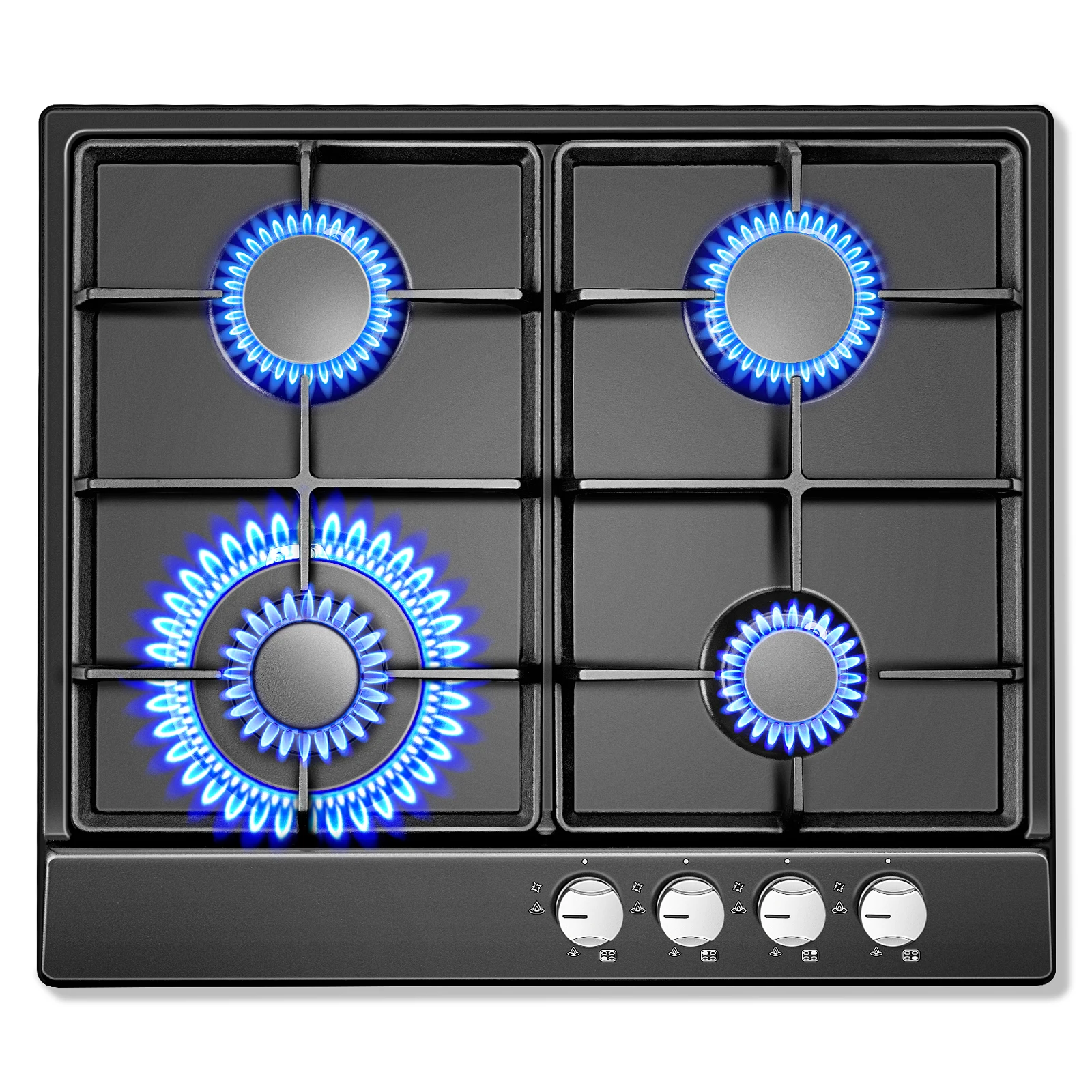 58 cm 4-Brenner-Gasherd aus schwarzem Emaille-Stahl mit automatischem Flammenschutz, 8,06 kW, Doppelkraftstoff (NG/LPG), umwandelbar, integriert/freistehend