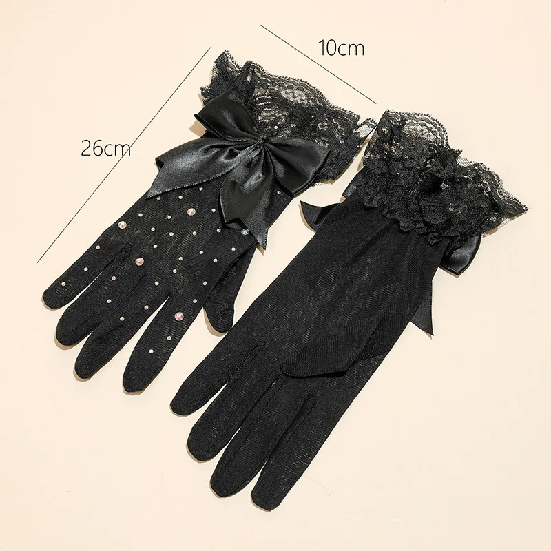 New Women Mesh Flash Drill Lace Bow Gloves Sparkling Dress Mittens Bride Wedding Halloween Cosplay Black Full Finger Gloves T266