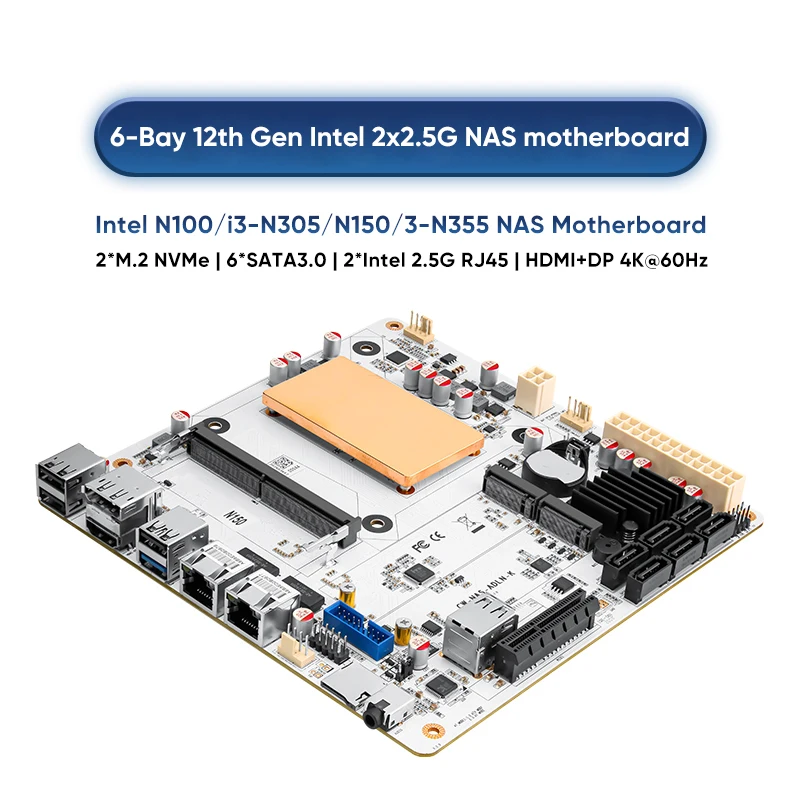 6-Bay Intel N150 Twin Lake Firewall NAS Motherboard 1*PCIEx4 2*Intel i226-V 2.5G 2*M.2 NVMe 6*SATA3.0 DDR5 Mini ITX Mainboard