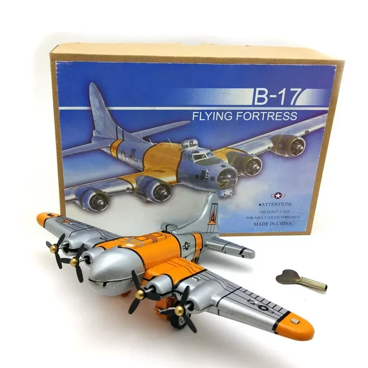 

[Funny] Adult Collection Retro Wind up toy Metal Tin flying fortress bomber Propeller plane Clockwork toy model vintage toy gift