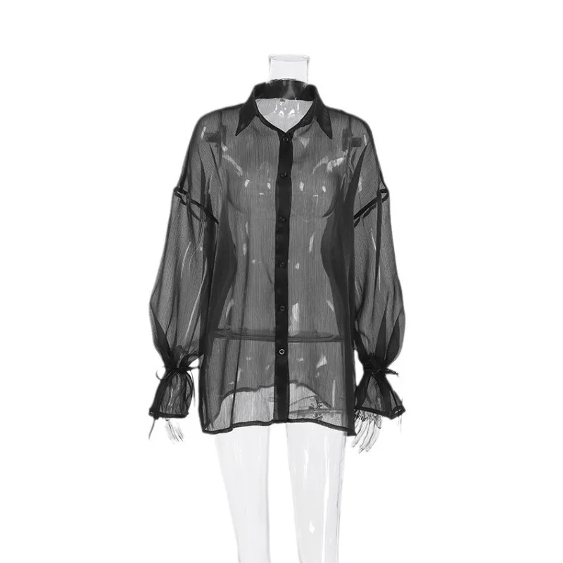 European and American Fashion Sexy Perspective Shirt 2025 Summer New Collection Collar Bubble Sleeve Commuter Shirt Women's Wear