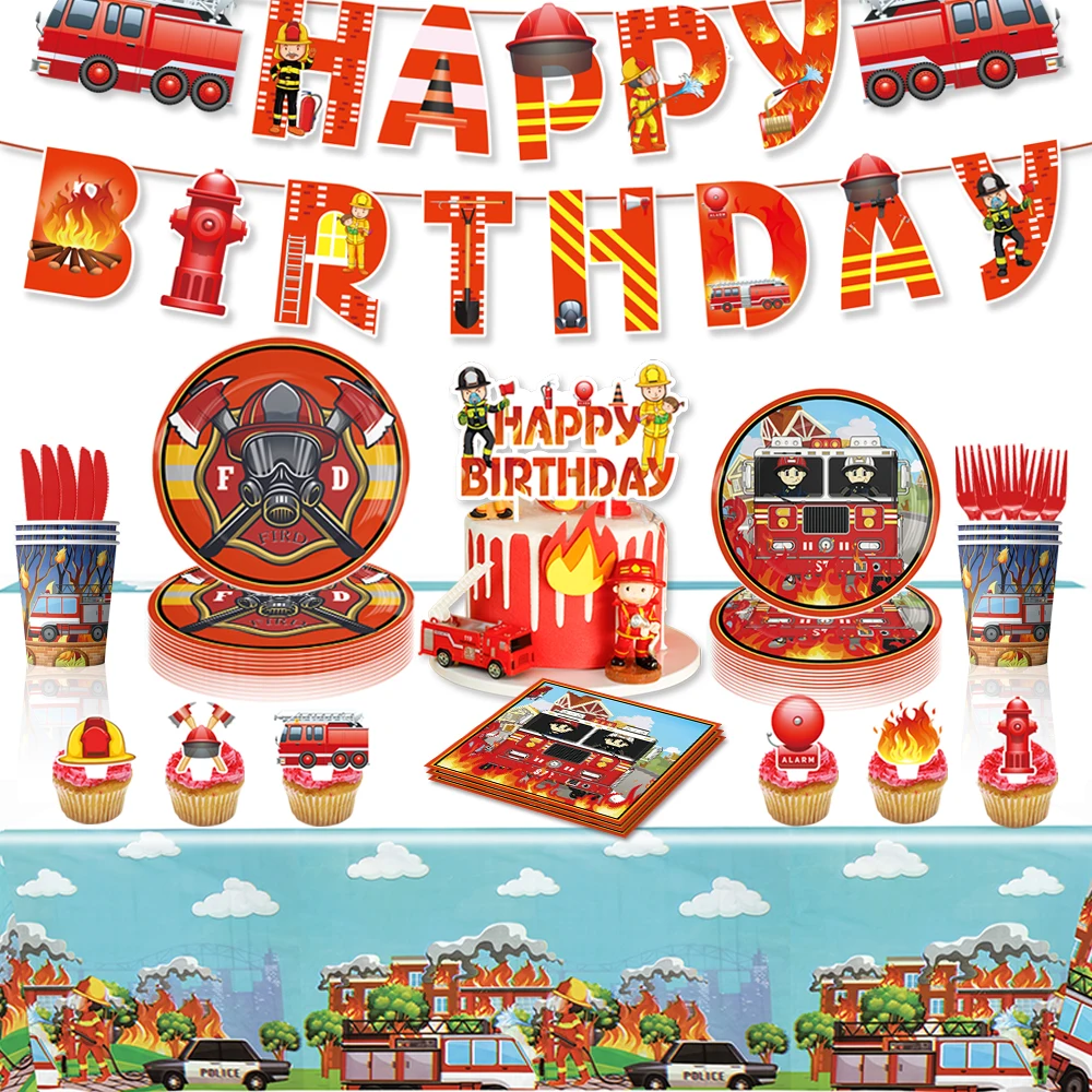 

Fireman Party Tableware Plates Cups Fire Engine Truck Foil Balloon Kids Boys Firefighter Themed Birthday Party Decor Cake Topper