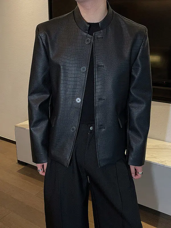 

New Chinese Sle Loose Fit Stand Collar Men's Leather Jaet Crocodile Pattern PU Coat Spring Autumn Faion Casual Wear