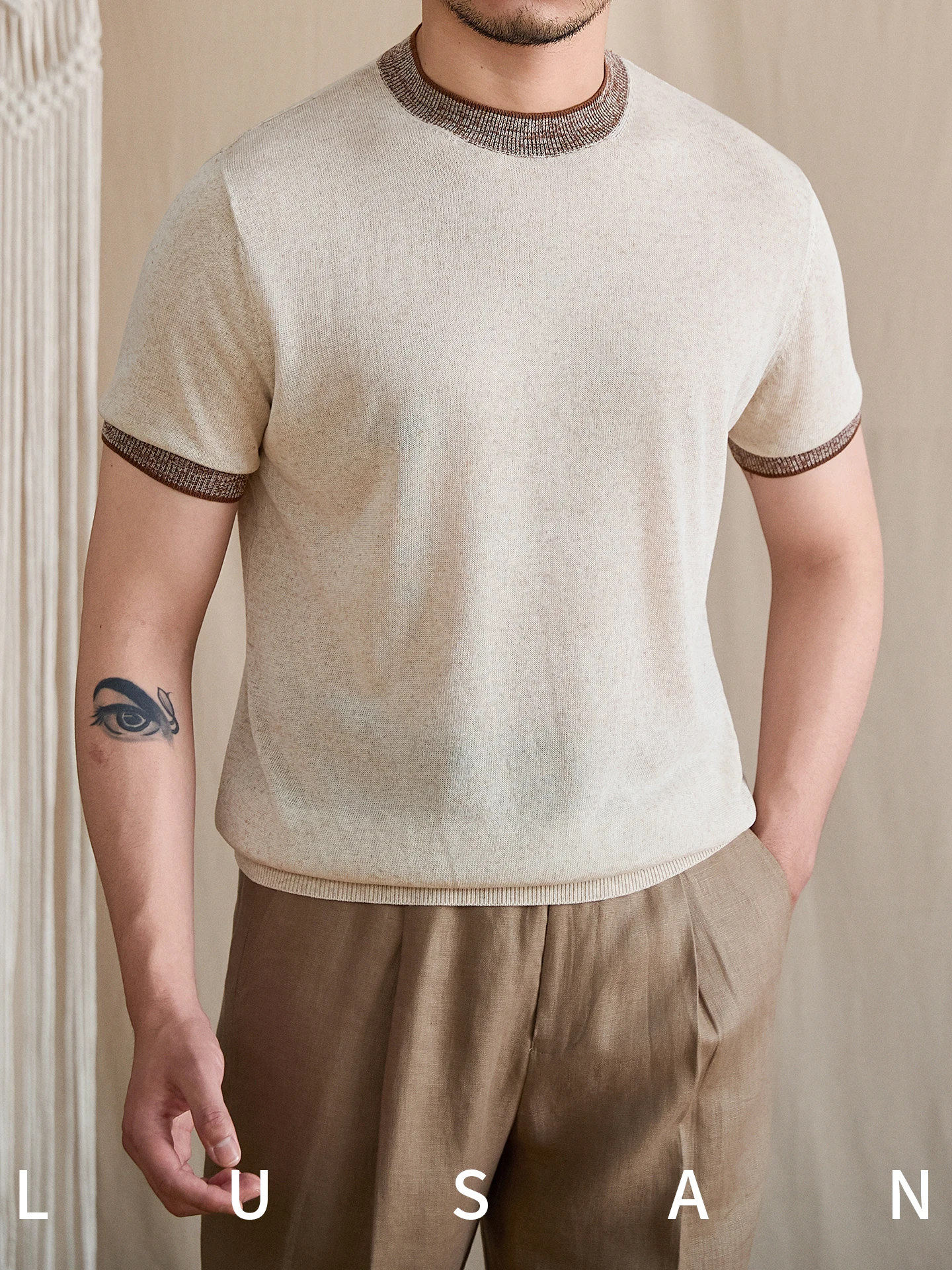 High-End Summer Linen Light Breathable round Neck Pullover Short Sleeve Shirt Woven Shirt Trendy Men