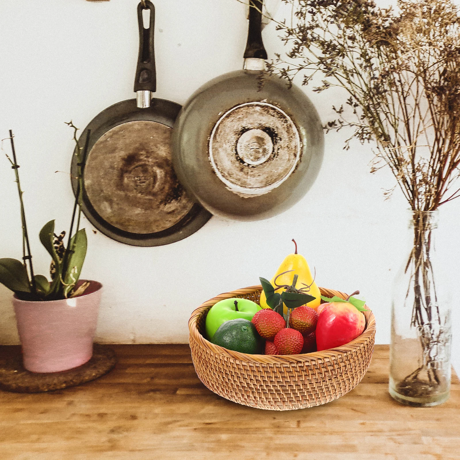 

Rattan Woven Basket Handmade Bread Storage Kitchen Natural Baskets Rattan Woven Basket Household Creative Tabletop Box