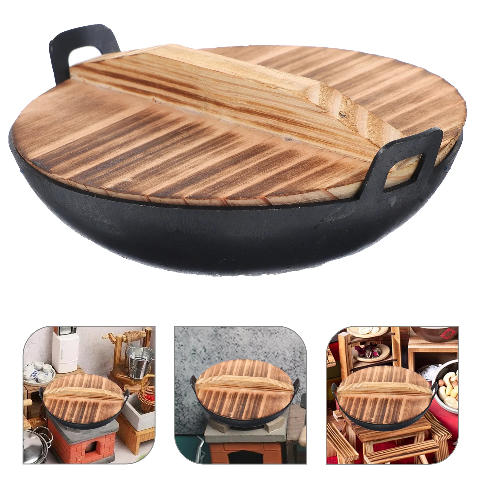 1 satz Miniatur Eisen Wok Mini Küche Ornament Realistische Simulation Kochen Werkzeug Für Haus Dekor Pretend Spielen Mini Szene