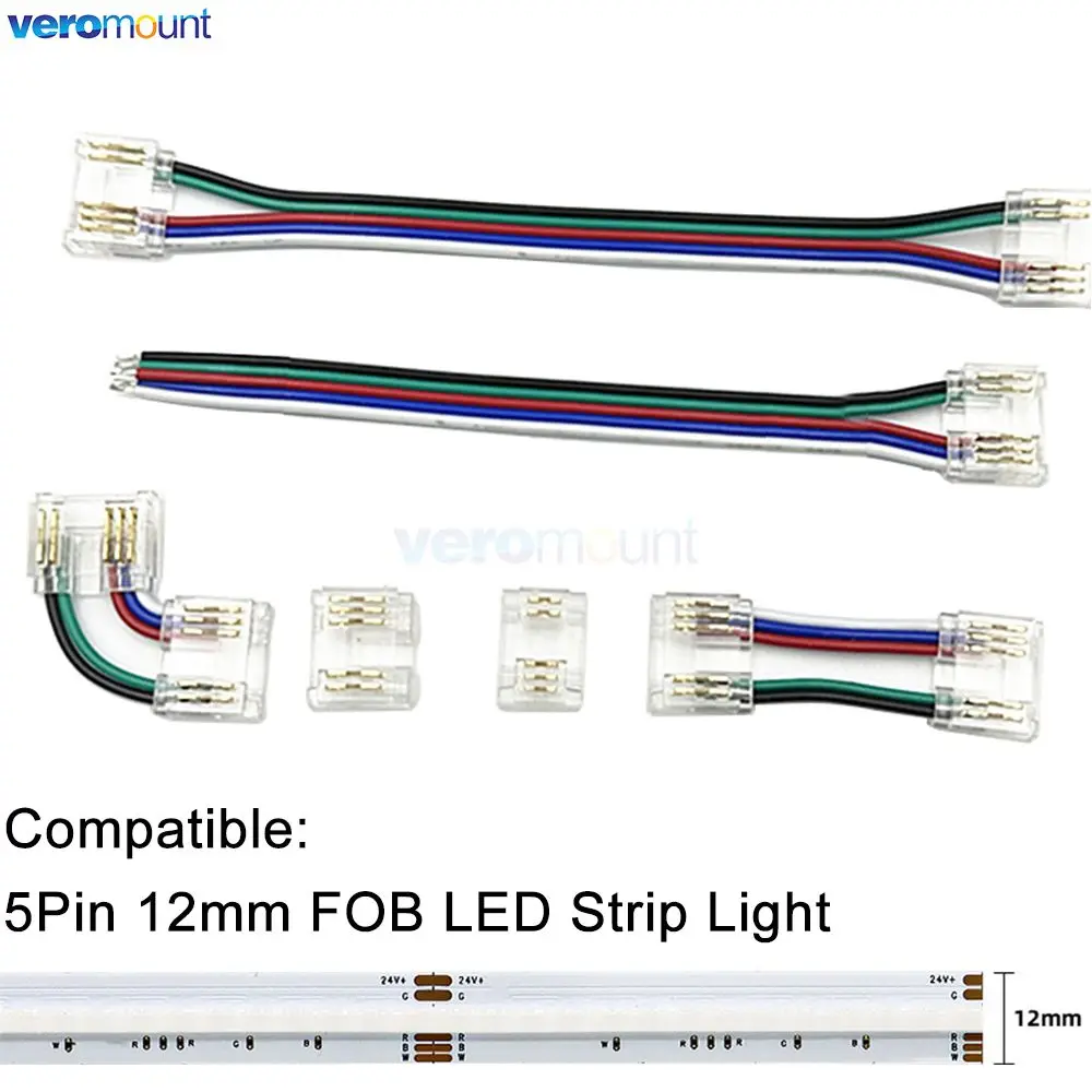 5Pin RGBW COB LED Strip Connector for RGBCW RGBWW FOB LED Tape 12mm PCB Fast Connecting Solderless Strip to Strip or Wire Joint