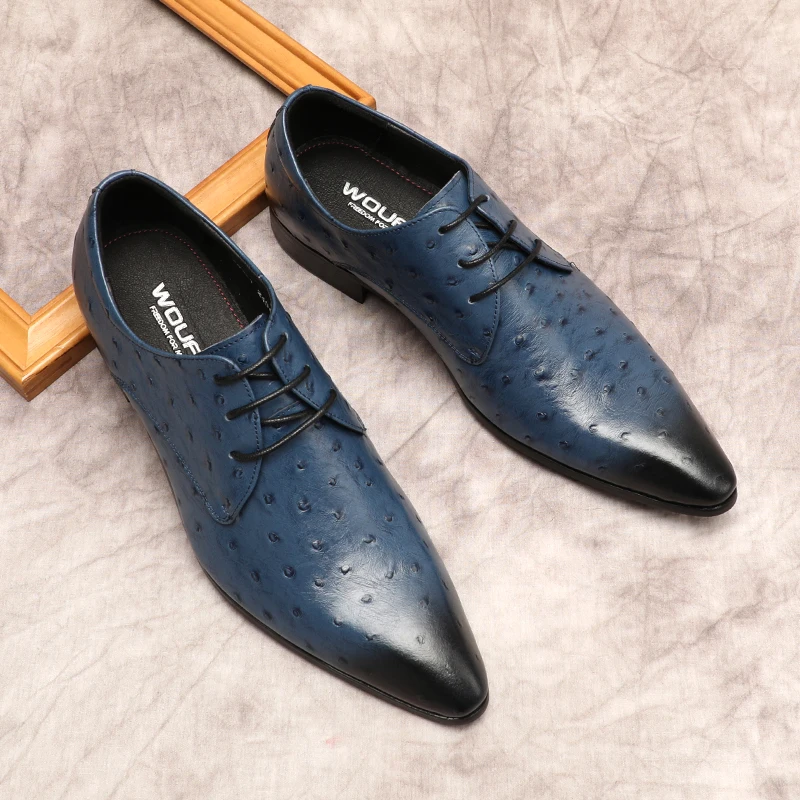 

Ostrich Pattern Shoes For Men Formal Summer Genuine Leather Dress Men Shoe Black Blue Lace Up Wedding oxford Pointy Shoes Men