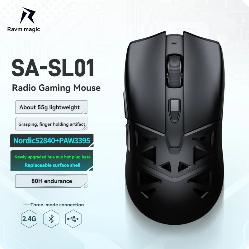 

RAWM SA-SL01 Mouse 2.4G Wireless Bluetooth Lightweight Nordic52840+Paw3395 High Performance Hot Swap Gaming Mouse for FPS Gamer