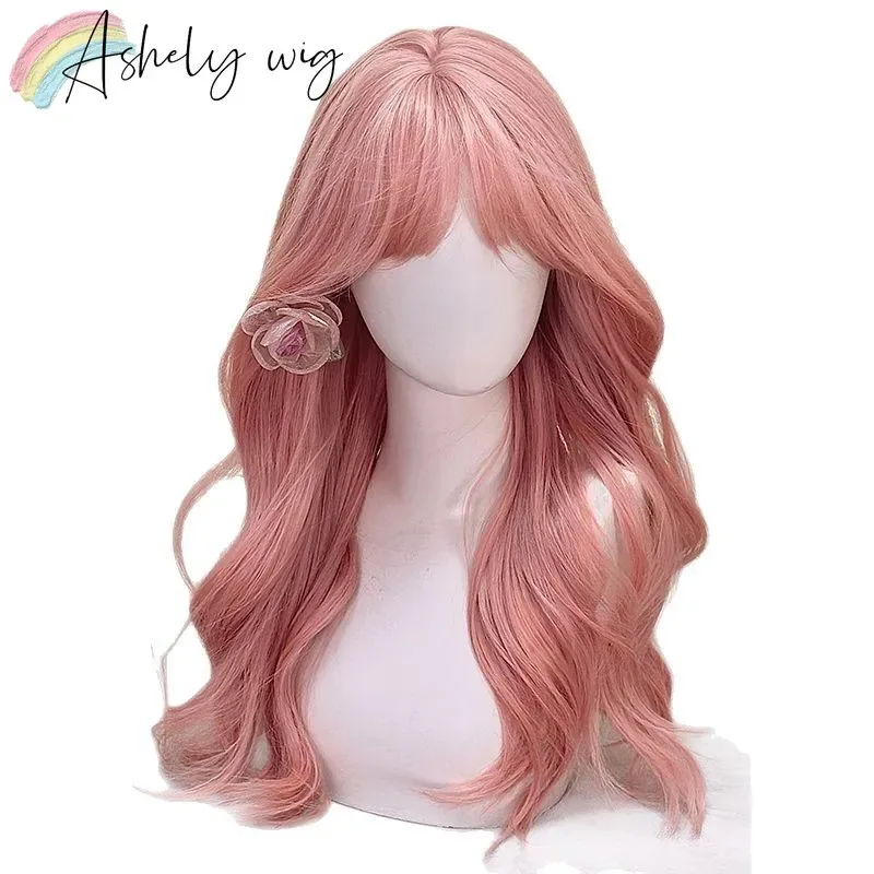 Попельно-розовый парик Лолиты с челкой, длинный волнистый парик для женщин, милые высокотемпературные волокна, повязка на голову, синтетические парики, косплей Wi