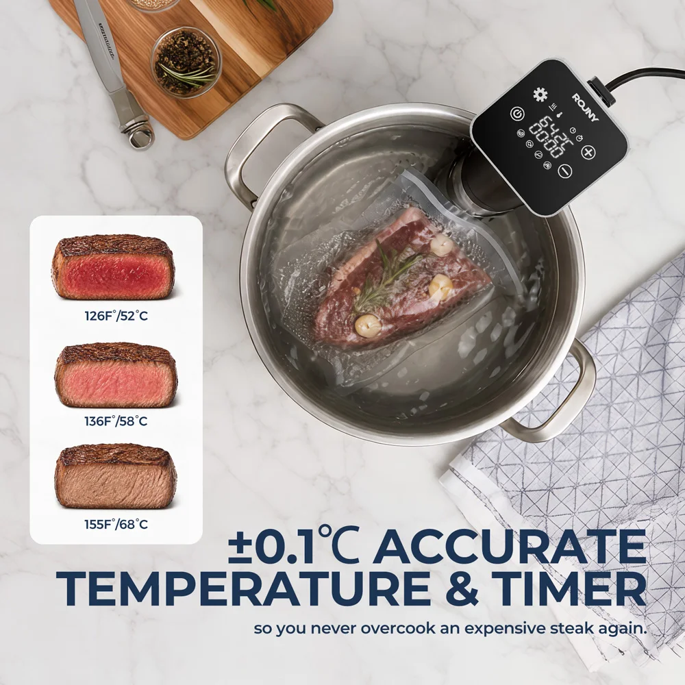 ROUNY Sous Vide Cooker, 1300W Waterproof Immersion Circulator with Timer and Touch Control for Home and Steak Cooking,Tender 1
