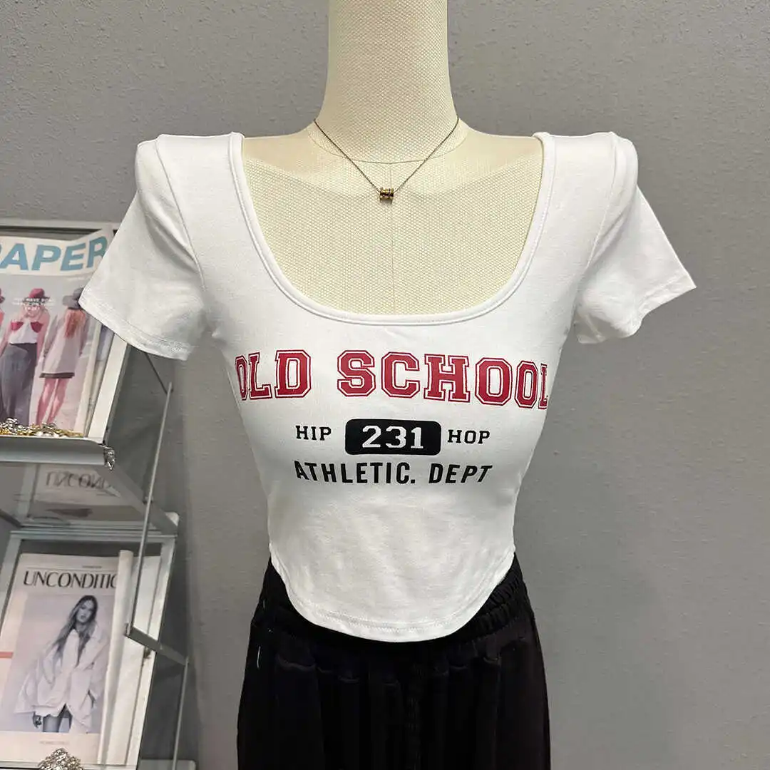 Wholesale Hot Sweet Scoop Neck Crop Tops Slim Fit T Shirt Women 2024 Summer Tee Shirts Short Sleeve Letter Print Y2K Short Top