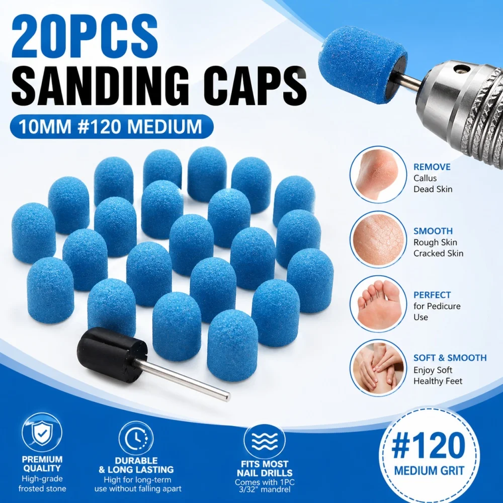 20Pcs 10mm Nail Sanding Caps with Mandrel – Premium Callus & Cuticle Remover, 2.35mm Shank, Compatible with All Nail Drills view 2