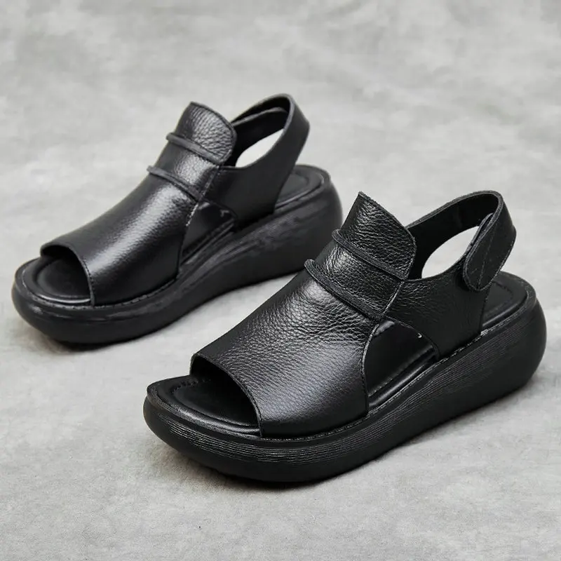 Women Summer Sandals Genuine Leather Flat Platform Sandals For Women Hollow Out Breathable Wedge Sandals Ladies Casual Sandals image 3