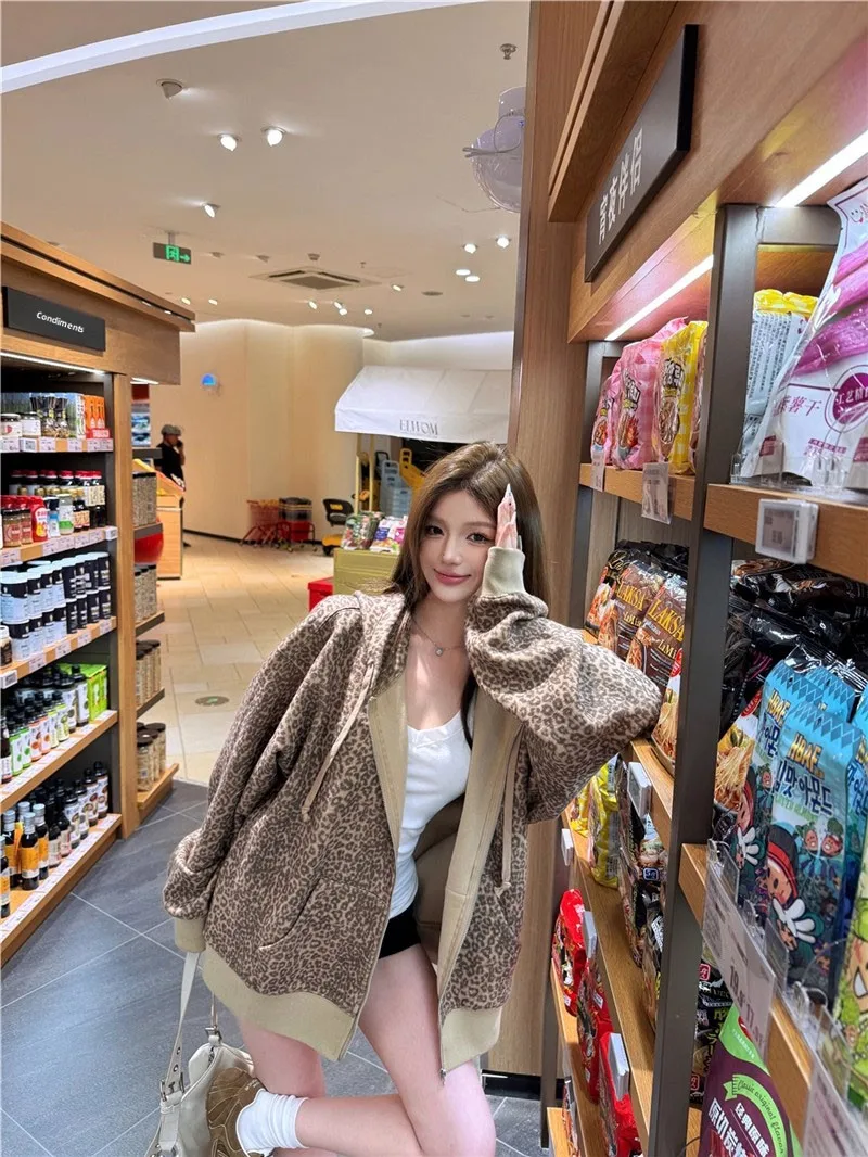 

Корейское шерстяное пальто Lazy Faion, женское осеннее пальто 2024, новая шляпа с леопардовым принтом, свободный топ, длинный све, застежка-молния