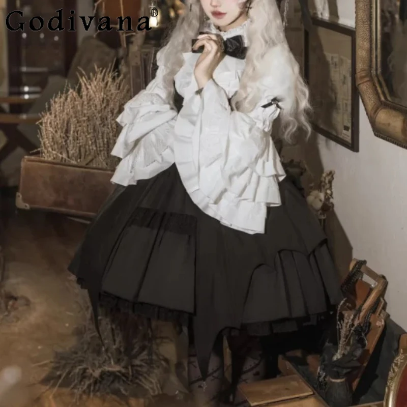 

New Elegant Gothic High Waist Lolita Sleeveless Dresses Spring Autumn Dark Girl A-line Versatile Age Reduction Black Strap Dress