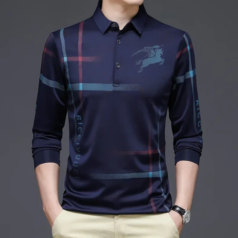 2024 Men\'s New Long-sleeved T-shirt Spring and Autumn Thin Ice Silk Lapel Long-sleeved T-shirt Business Casual Polo T-Shirt