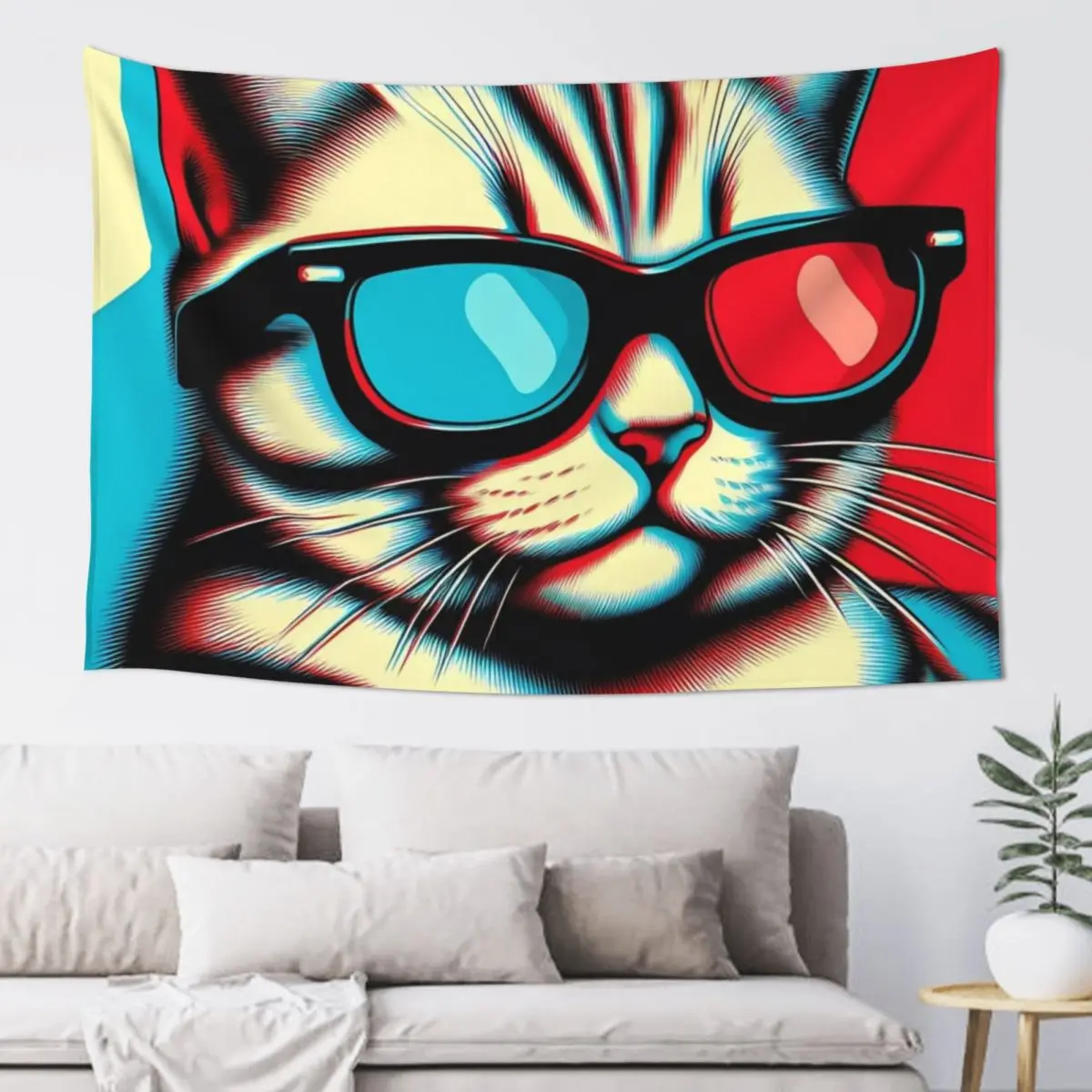 

Cool Cat with 3D Glasses in Pop Art Style Tapestry Cute Room Decor Aesthetic Room Decoration Custom Tapestry