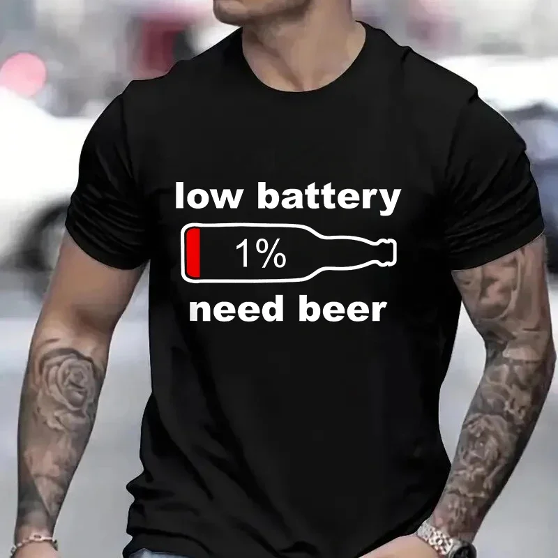 Men's Street Wear T-shirts Need Beer Graphic Tee Shirt Homme Funny Low Battery Need Beer Novelty T-Shirt Drinking Party Tshirts