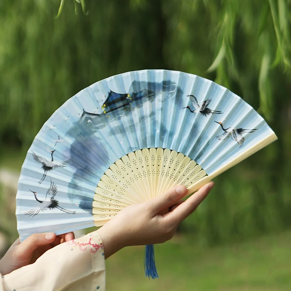 Bamboo Chinese Japanese Folding Fan Silk Tassel Elegent Female Fan Folding Fan Hand Fan Vintage Style Shank Classical Dance Fan