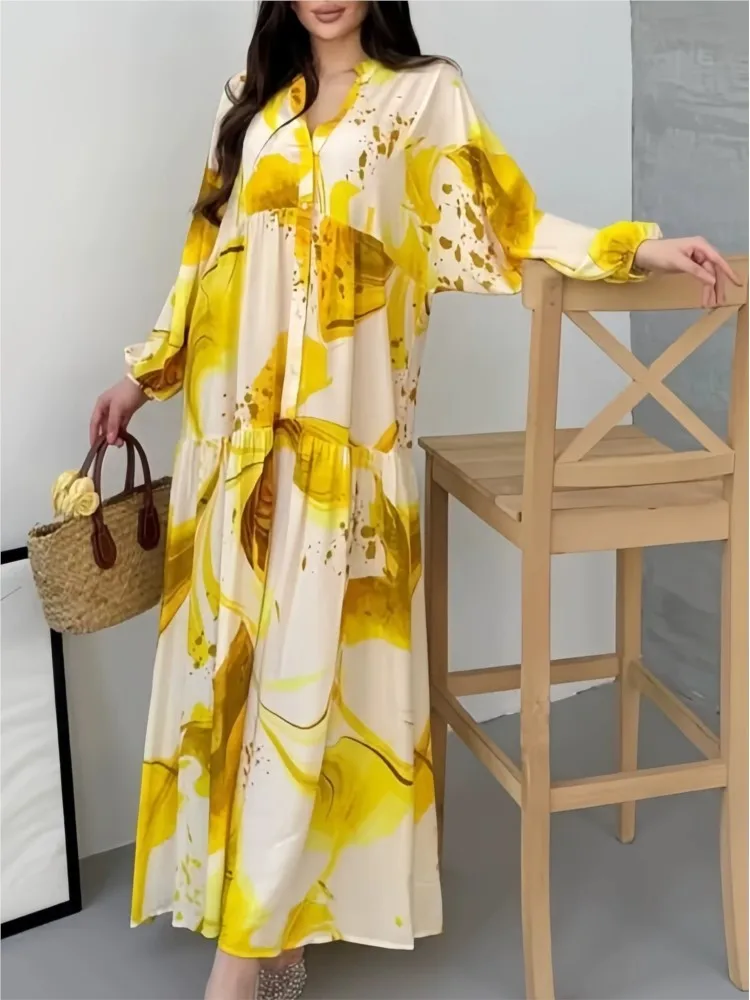 

2025 Spring Autumn New Flower Print Bohemian Shirt Maxi Dresses Women's Fashion Casual Loose V-neck Long Sleeve Party Dress
