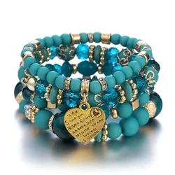 4Pcs Boho Crystal Beads Chain Bracelet Set For Women Vintage Heart Charm Elastic Bangle Men Fashion Party Jewelry