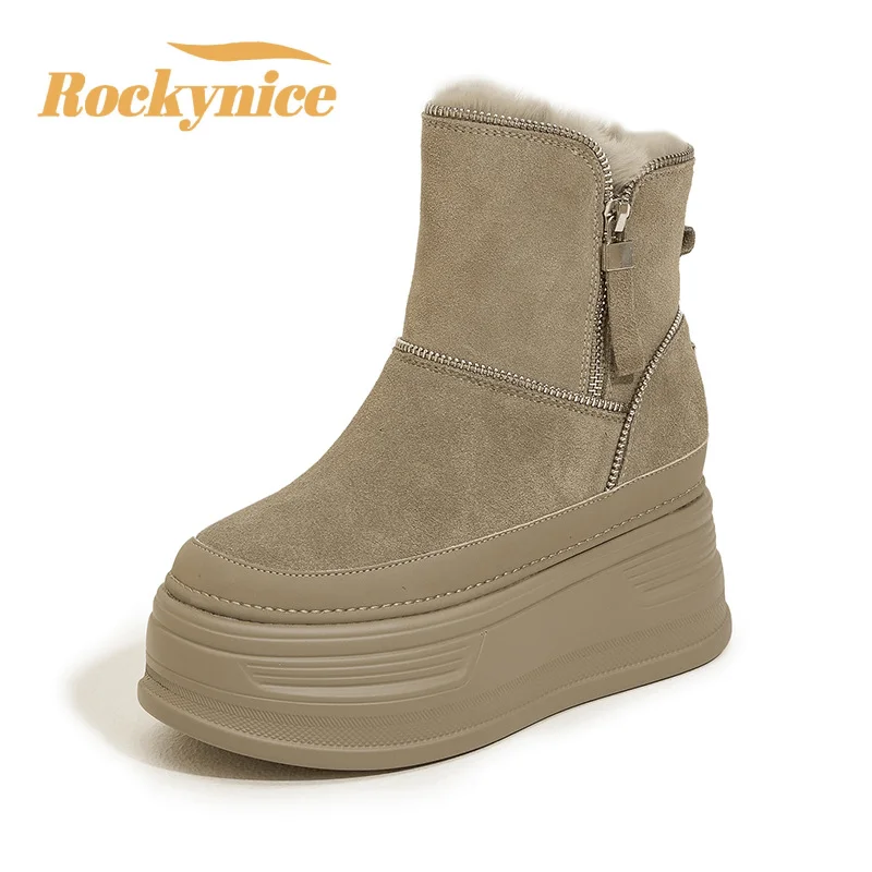 

New Women 9CM Cow Suede Genuine Leather Snow Boots High Platform 2025 Winter Warm Plush Cotton Shoes Hidden Heels Ankle Booties