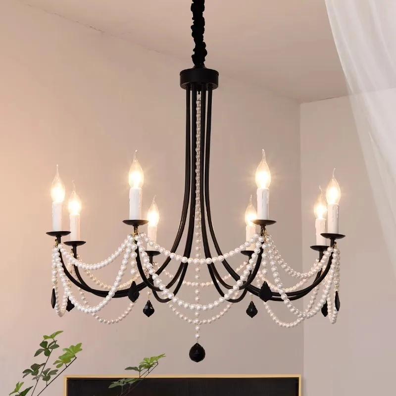 

American Retro Candle Chandelier Living Room Black Metal E14 Led Pendant Lights Home Decor Pearl Led Lamparas Hanging Lamp