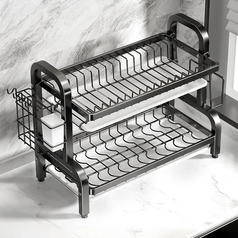 NEW SALE Dish Drying Rack 2-Tier Compact Kitchen Dish Rack Drainboard Set Large Rust-Proof Dish Drainer with Utensil Holder