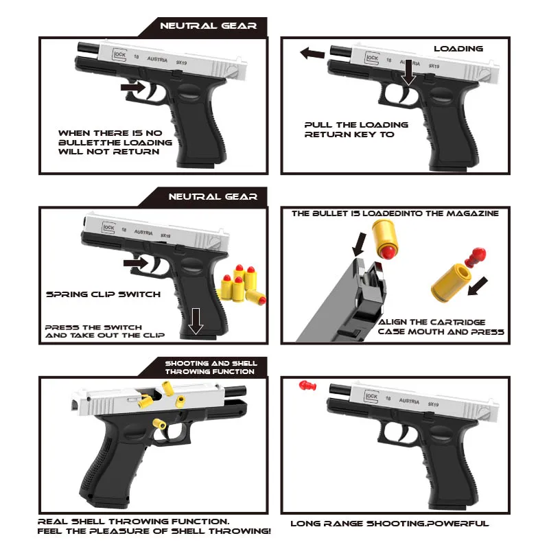 New Black Toy Gun. Automatic Shell Ejection Soft Bullet Air Gun, Empty Hold Hanging Machine, Automatic Loading