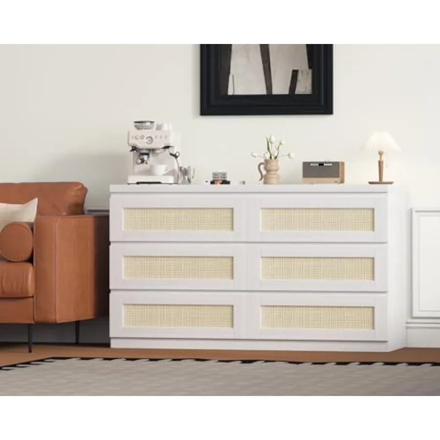 Bedroom dresser: modern rattan 6-drawer chest, slim wood construction, natural beige tone, durable freestanding storage for bed