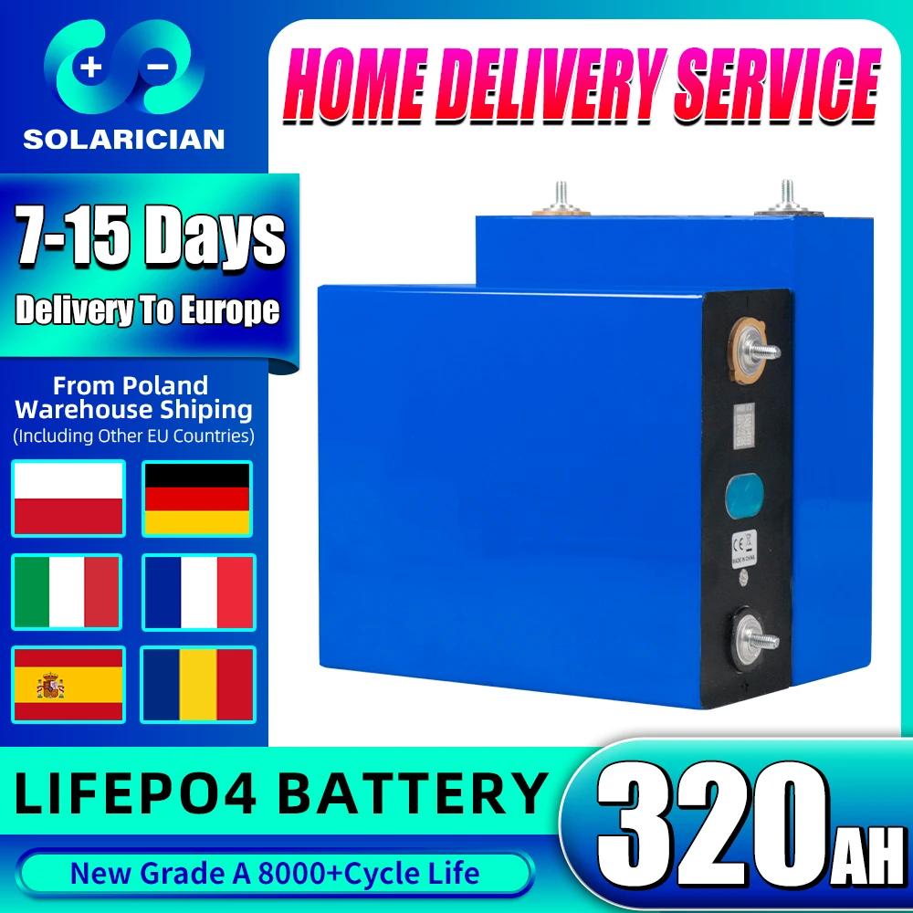 

Grade A 320Ah LiFePO4 Battery 8000 Cycle 3.2V LFP Rechargeable Battery Solar bateria DIY 12V 24V 48V Lifepo4 Cell For RV Camping