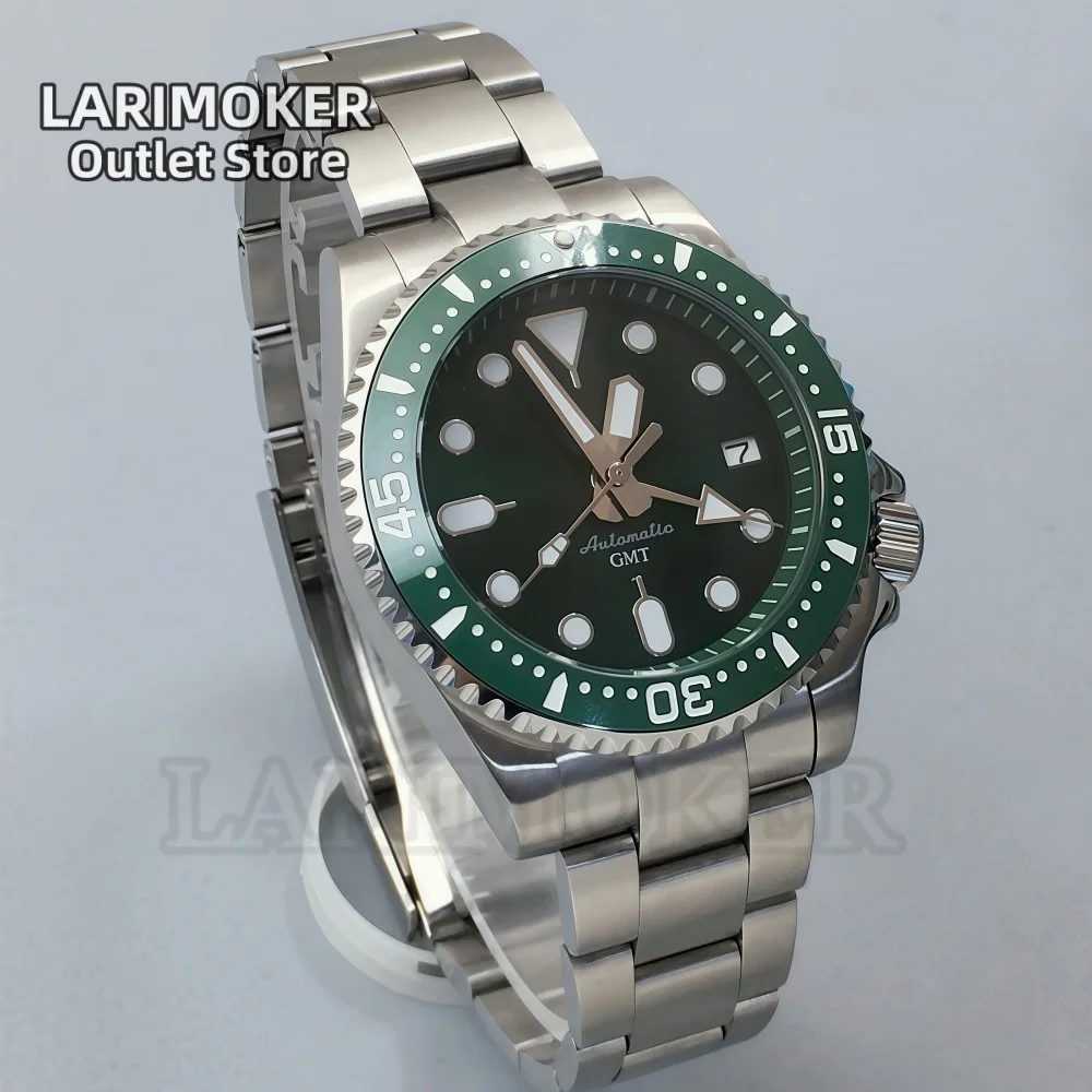 LARIMOKER 40.5MM GMT NH34 Orologio meccanico automatico da uomo Quadrante verde Data Cupola luminosa verde Orologio subacqueo in vetro zaffiro