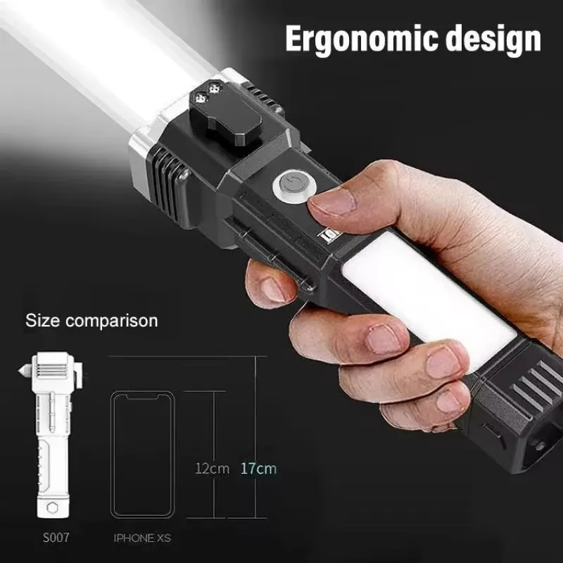 Super Bright LED Flashlight with Safety Hammer and Strong Magnets Side Light Torch Light Portable Lantern for Adventure Camping