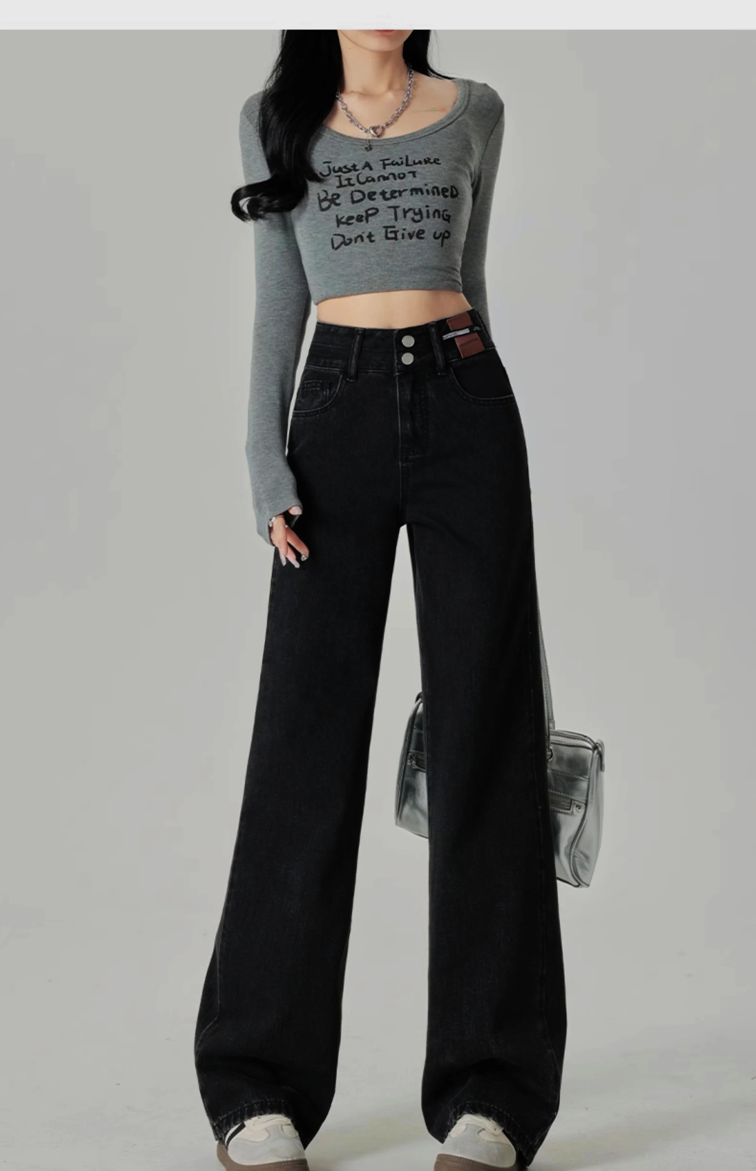 Schmal geschnittene Damenjeans mit weitem Bein, hoher Taille und hängendem Gefühl, gerades Bein, lässiger Look, schmale Hose in Kontrastfarben – Detail 12