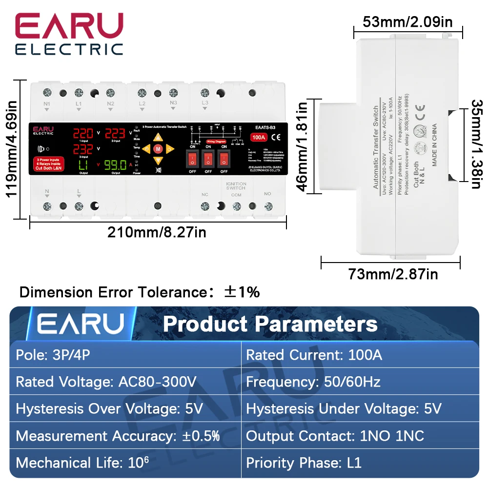 EARU ATS Dual Power Automatic Transfer Switch Cut L&N Lines 110V 220V Single Phase 2 3 4 Power Input Current Voltage Protector