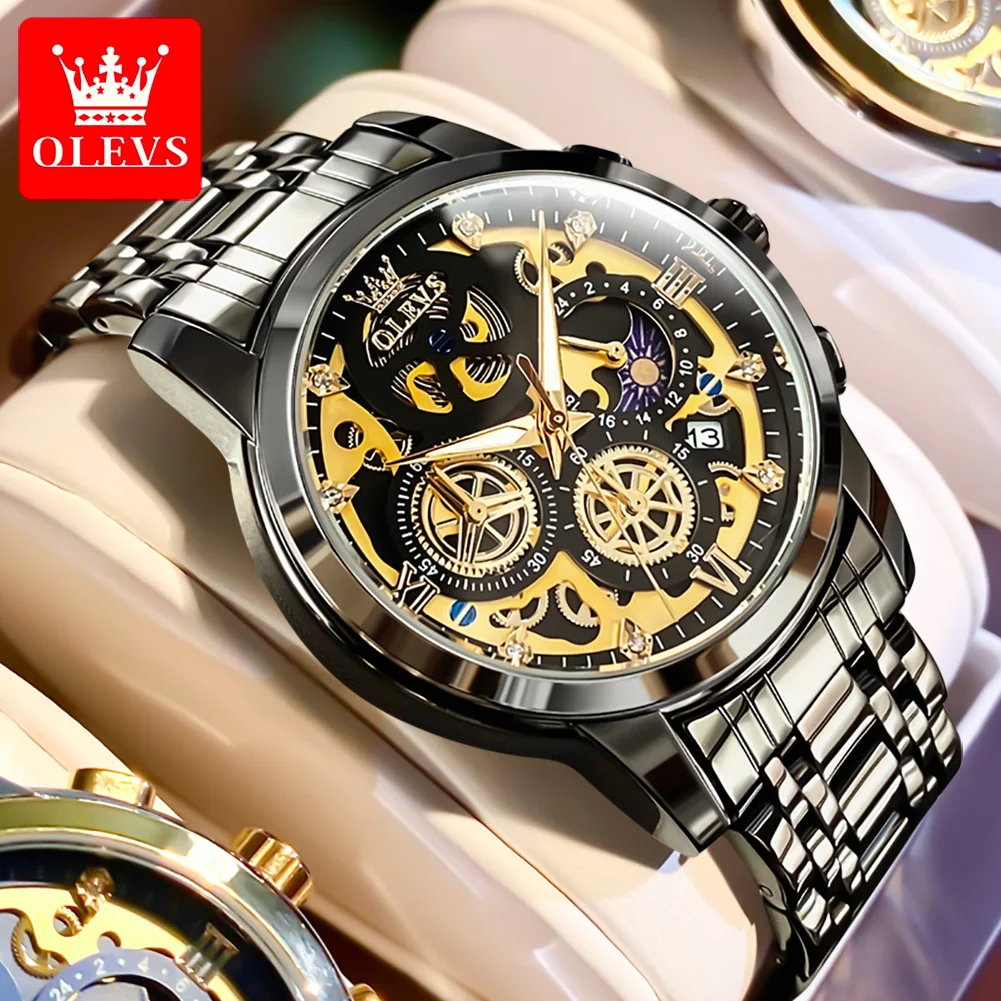 

OLEVS Top Quartz Men's Brand Watch Luxury Original Waterproof Watch Gold Frame Hollow Multi functional Style Men's Watch