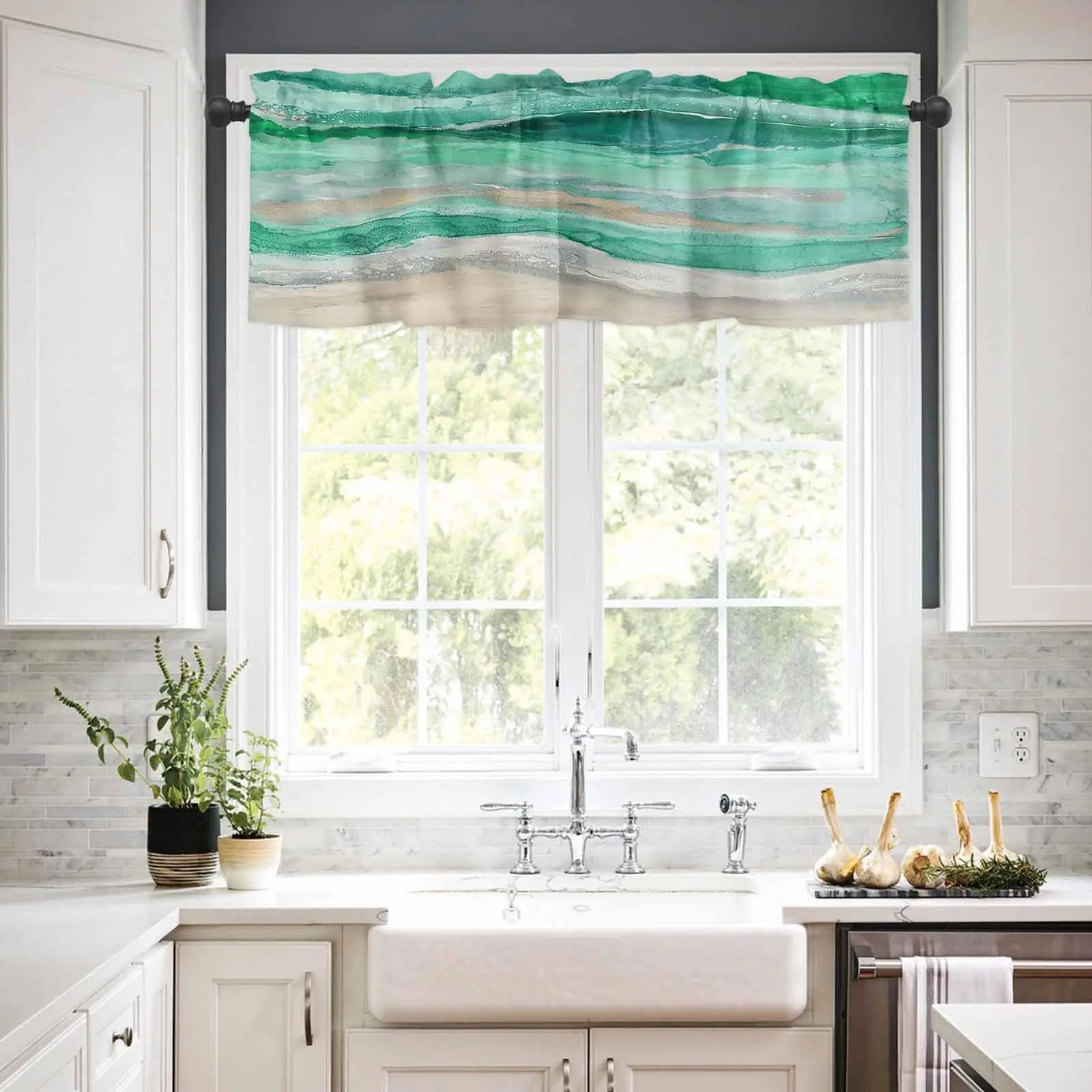 Coastal Beach Abstract Green Wave Modern Ombre 1 Panel Short Curtains for Kitchen Windows Bathroom Bedroom