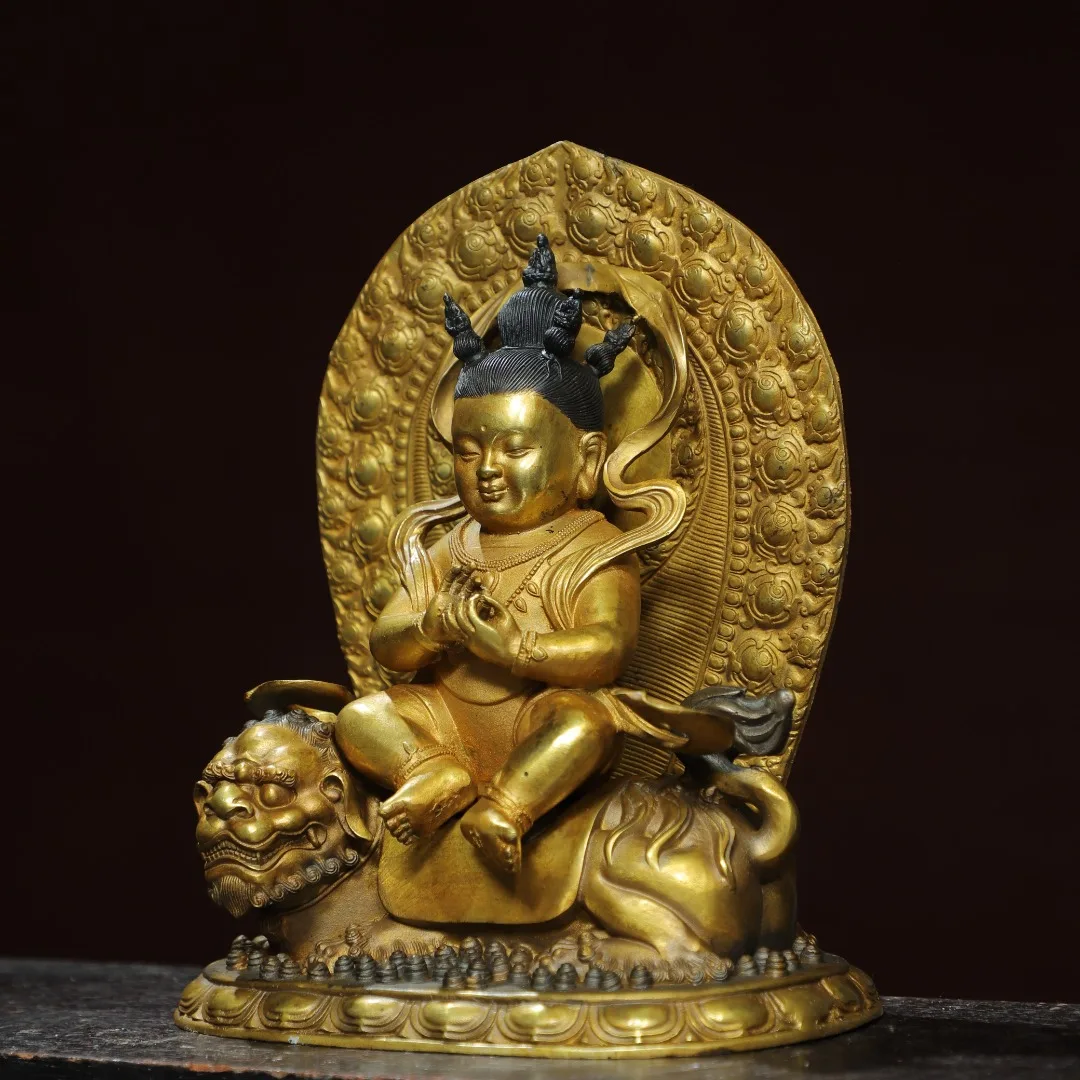 Home Worship of Religious Bronze Gilded Buddha Statue Child Riding Beast Height 24cm, width 20cm, thickness 13cm, weight 2.5kg