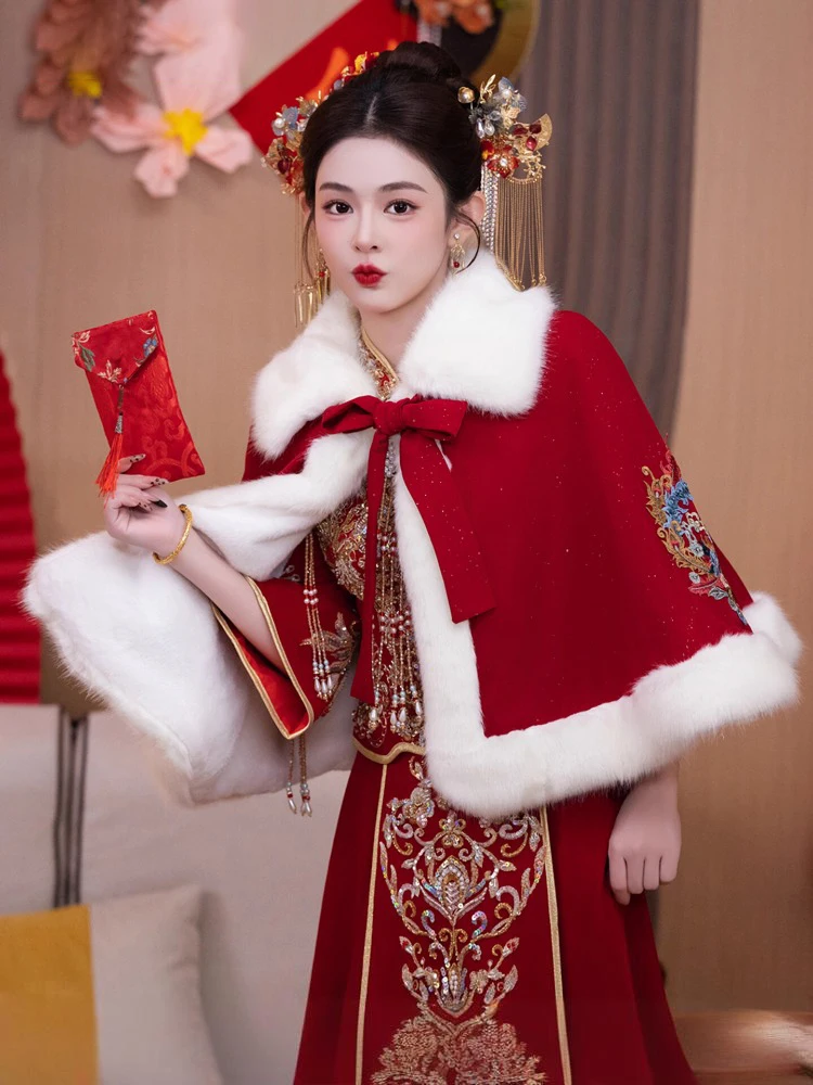 

Chinese Style Wedding Shawl Thickened Fur Collar Marriage Dress Outerwear Warmth Bridegroom Ceremony Traditional Costume