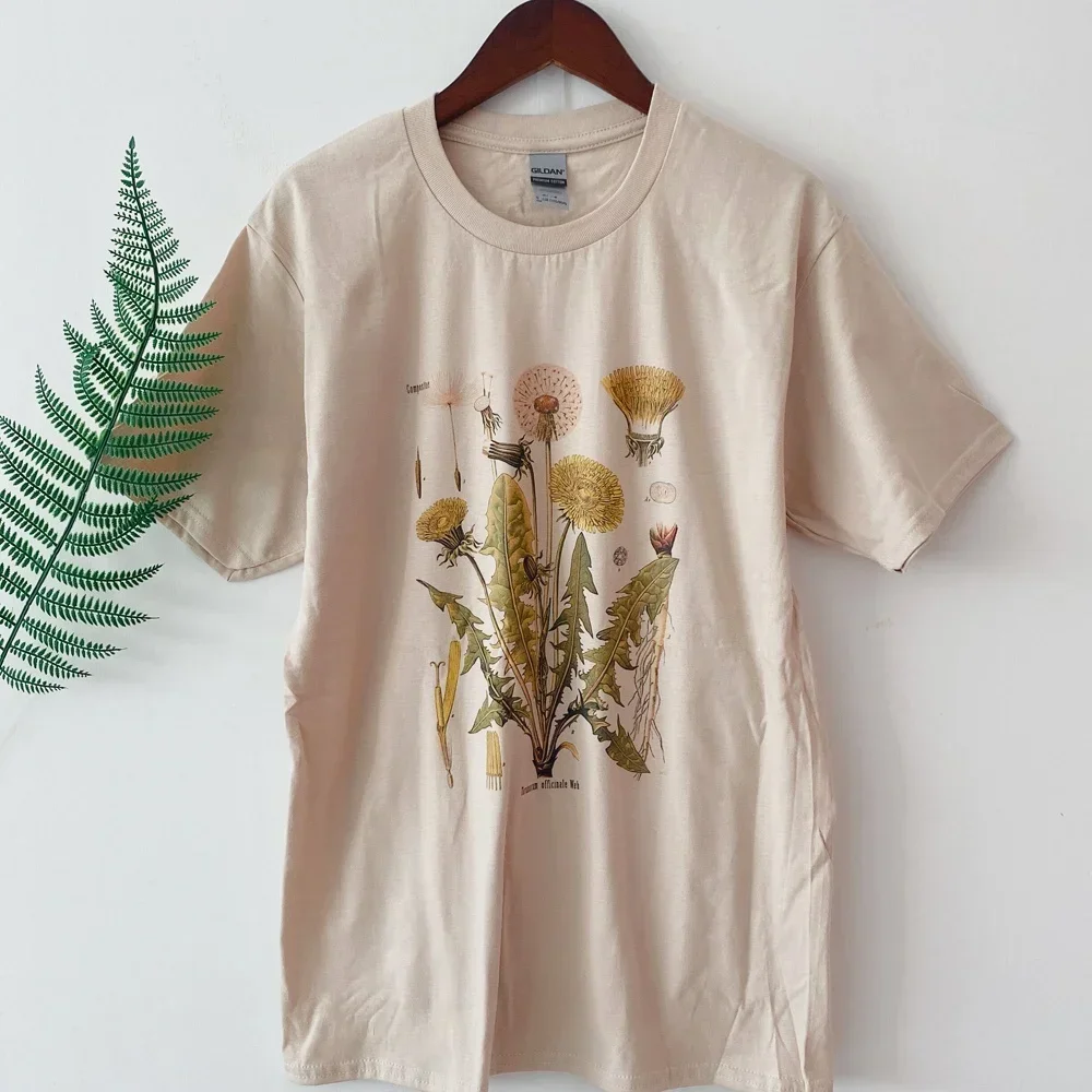 Dandelion Botanical Graphic Tshirt Hiking Shirt Botanical Print Shirt Short Sleeve Cotton Oversized Tee Women Clothing Harajuku