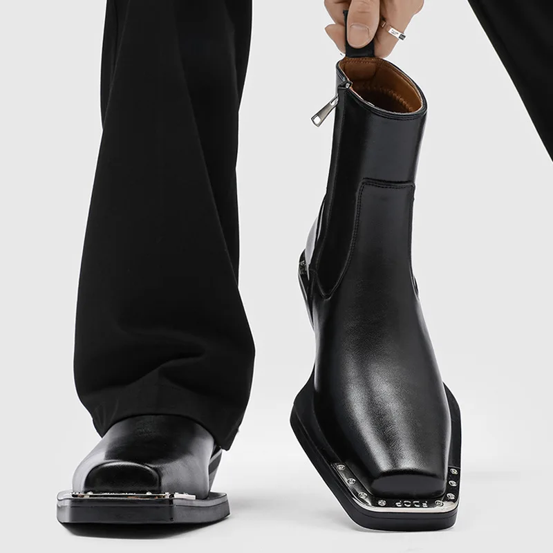 men fashion stage nightclub high chelsea boots designer square toe shoes cowboy natural leather boot high motorcycle botas mans