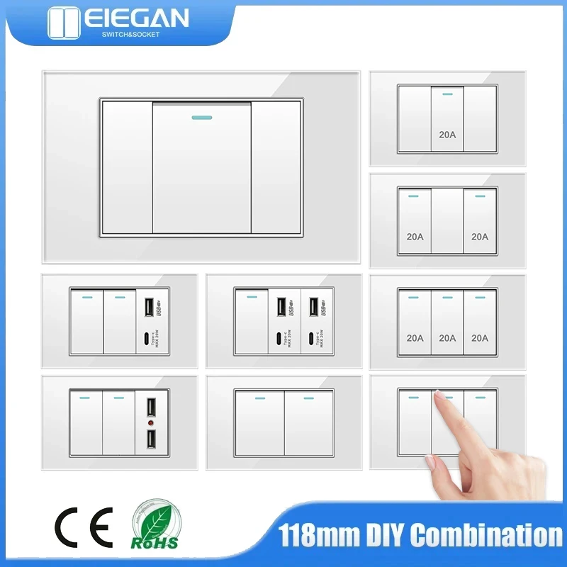 

G18 EU BR US Standard 1/2/3/4/5 Gang 2/3 Way Wall Light Switch 20A Tempered Glass Panel Button Power Rocker Switch