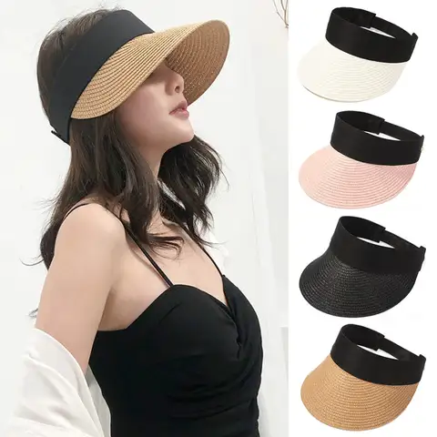 여성용 빈 탑 썬 햇, 휴대용 접이식 매직 테이프 롤업 비치 햇, 넓은 챙 밀짚 모자, 캐주얼 선캡 바이저, 패션 여름