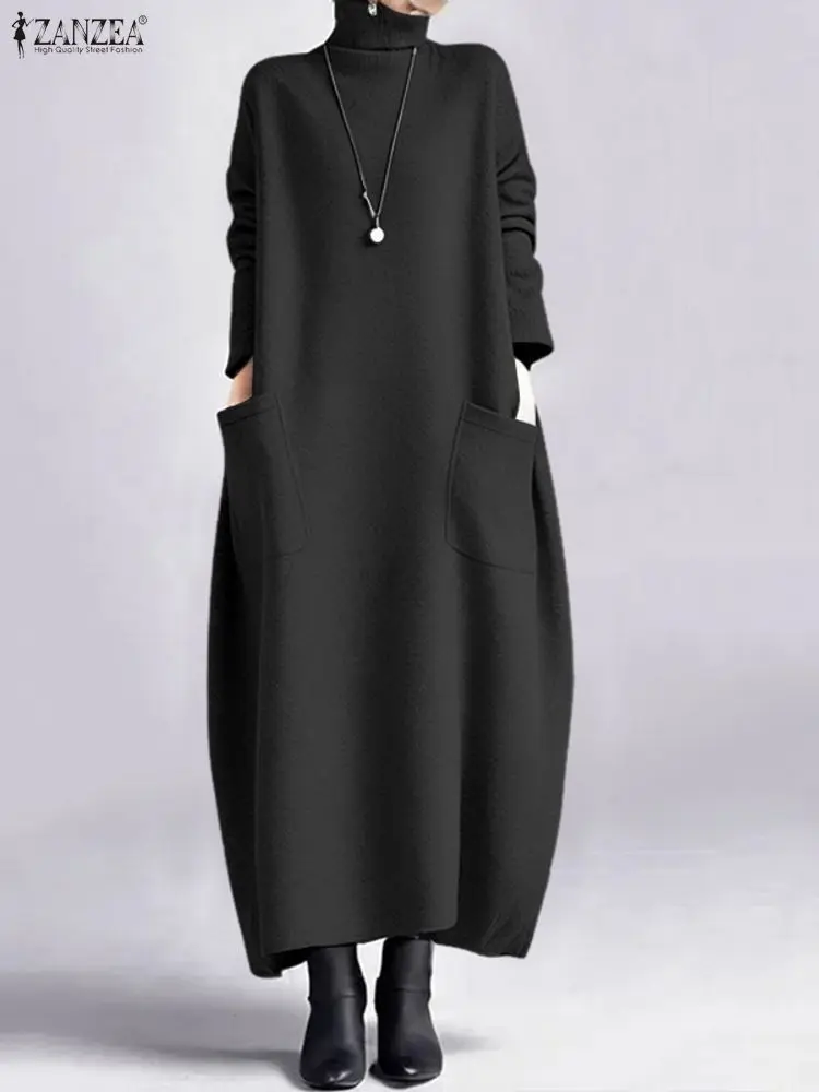 ZANZEA Fashion Sweatshirt Dress Women Casual Turtleneck Long Sleeve Solid A-Line Midi Dresses for Woman FW 2025 Cozy Warm Robes - Image 5