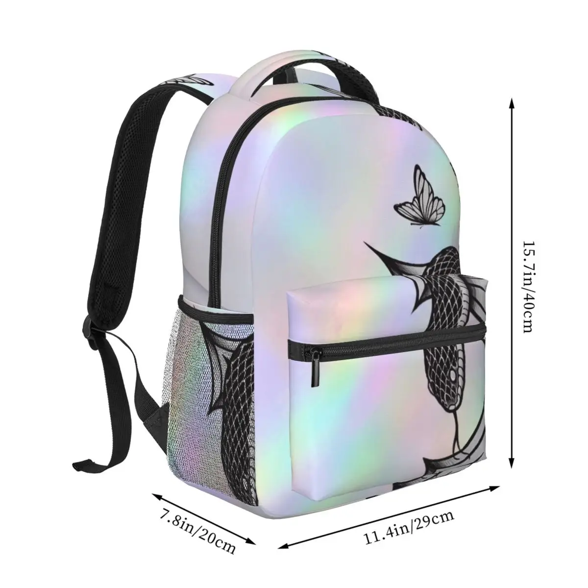 Dark Punk Printed Backpack Center Snake Cross Holographic Gothic Holographic Silver Black White Streetwear Bookbag for Teens Men