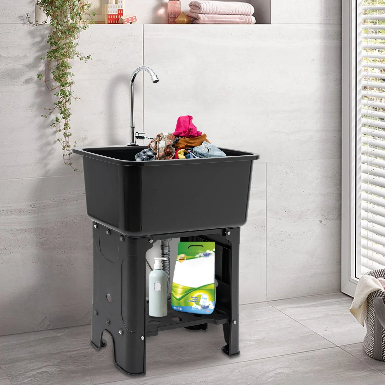Utility Sink Space Saver Laundry Tub with Faucet, Freestanding Laundry Sink Garage Sink with Storage Shelf (Black)
