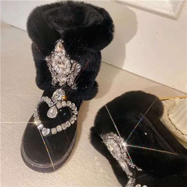 Super Bling Rhinestone Heart Beading Cow suede Snow Boots Crystal Thick Sole Slip On Warm Winter Fur Booties Woman